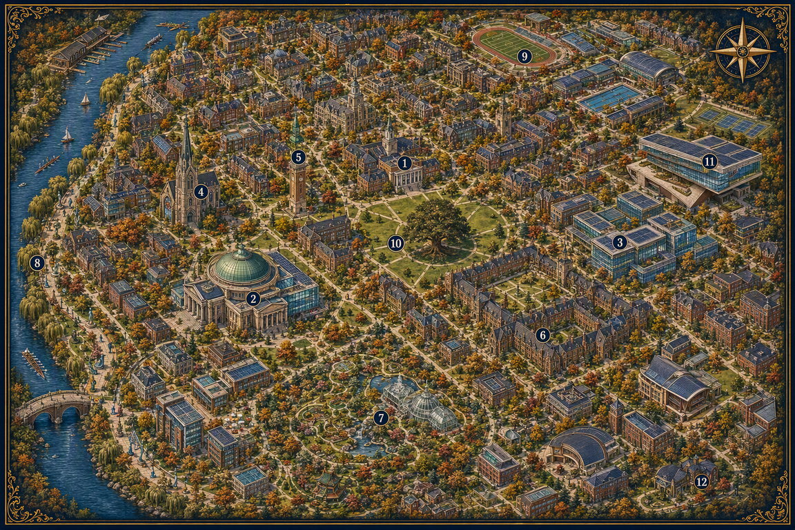 Illustrated bird's-eye view map of Massatonic University campus showing all major buildings, quads, gardens, and athletic facilities rendered in a classical cartographic style with autumn foliage